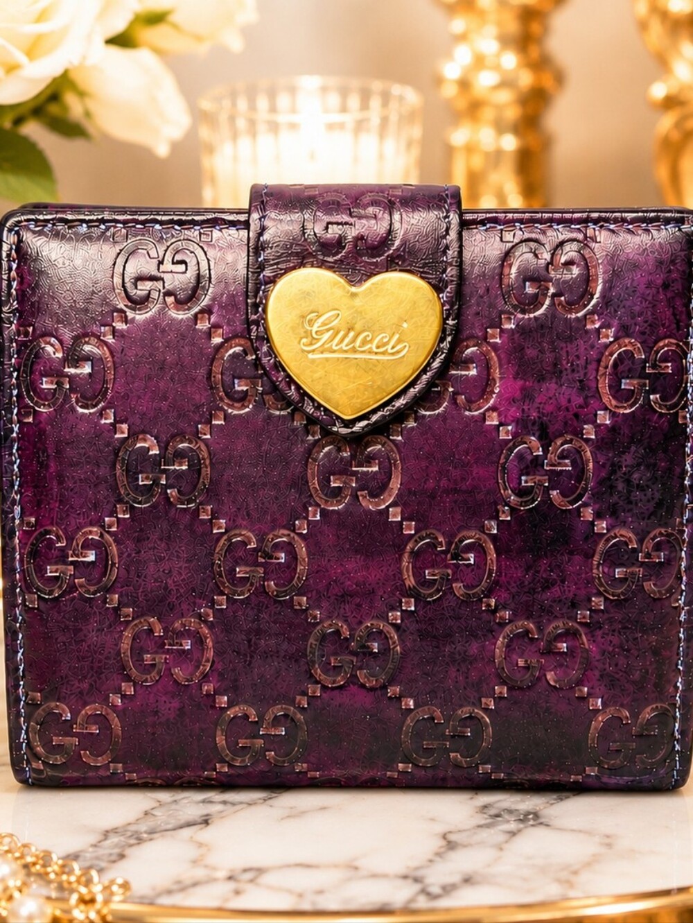 Vintage Gucci Wallet Purple Heart GG Y2K Leather Bifold Authentic with COA